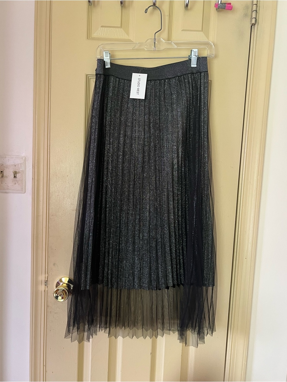 Studio West Black Metallic Pleated Tulle Midi Skirt